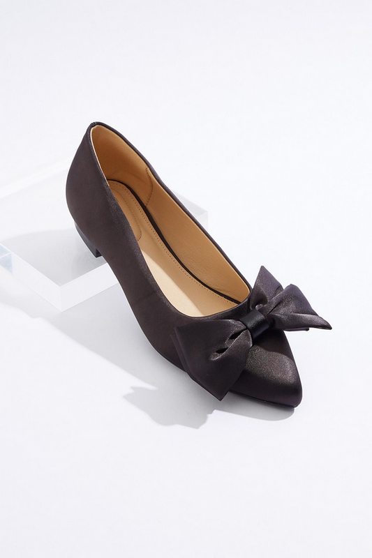 Cato Fashions Bow Vamp Black Satin Flats - IDEAL BLACK