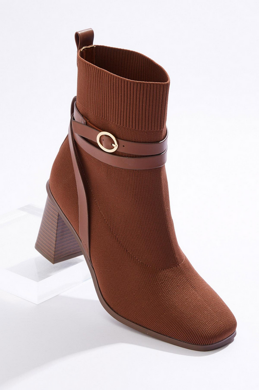 Cato Fashions Buckle Strap Ankle Sock Boots - CAPPUCCINO