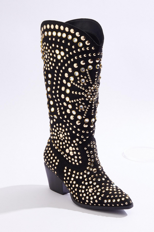 Cato Fashions Gold Rhinestone Studded Faux Suede Western Boots - NEW BLACK