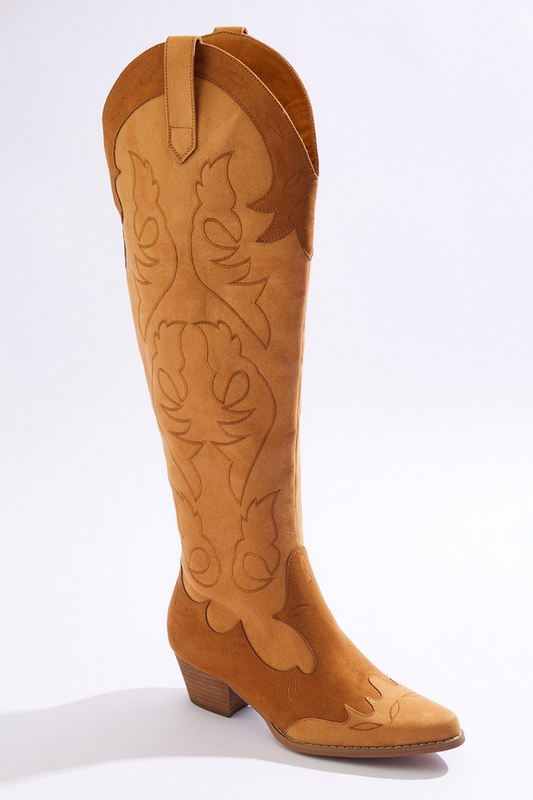 Cato Fashions Faux Suede Western Stitch Color Block Tall Boots - BROWN