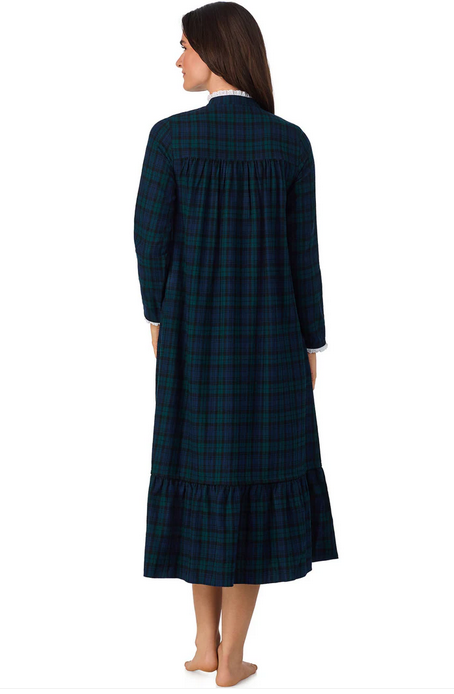 Lanz of Salzburg Women's Black Watch Plaid L Highneck Flannel Gown
