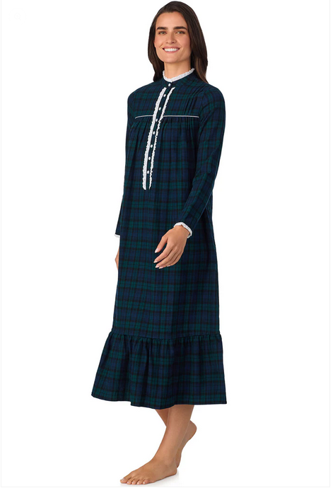 Lanz of Salzburg Women's Black Watch Plaid L Highneck Flannel Gown
