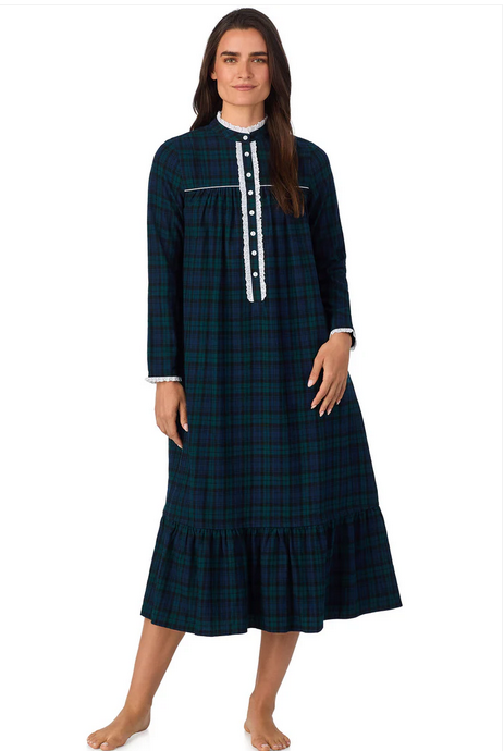 Lanz of Salzburg Women's Black Watch Plaid L Highneck Flannel Gown