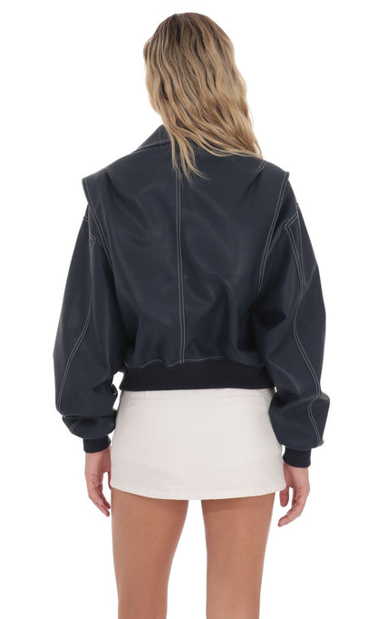 Lucy In The Sky Faux Leather Bomber in Navy