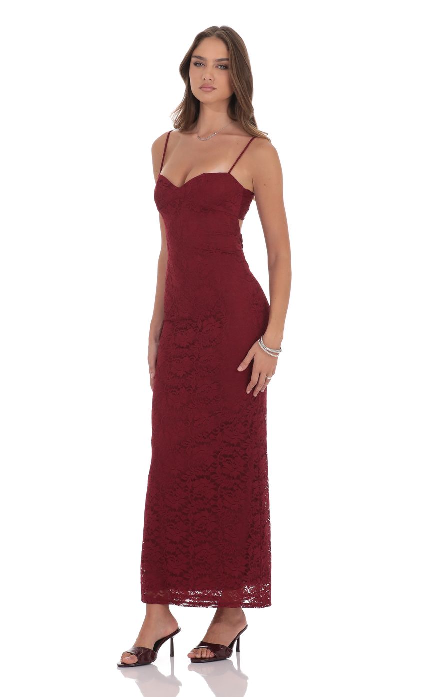 Lucy In The Sky Lace Back Bow Maxi Dress in Burgundy
