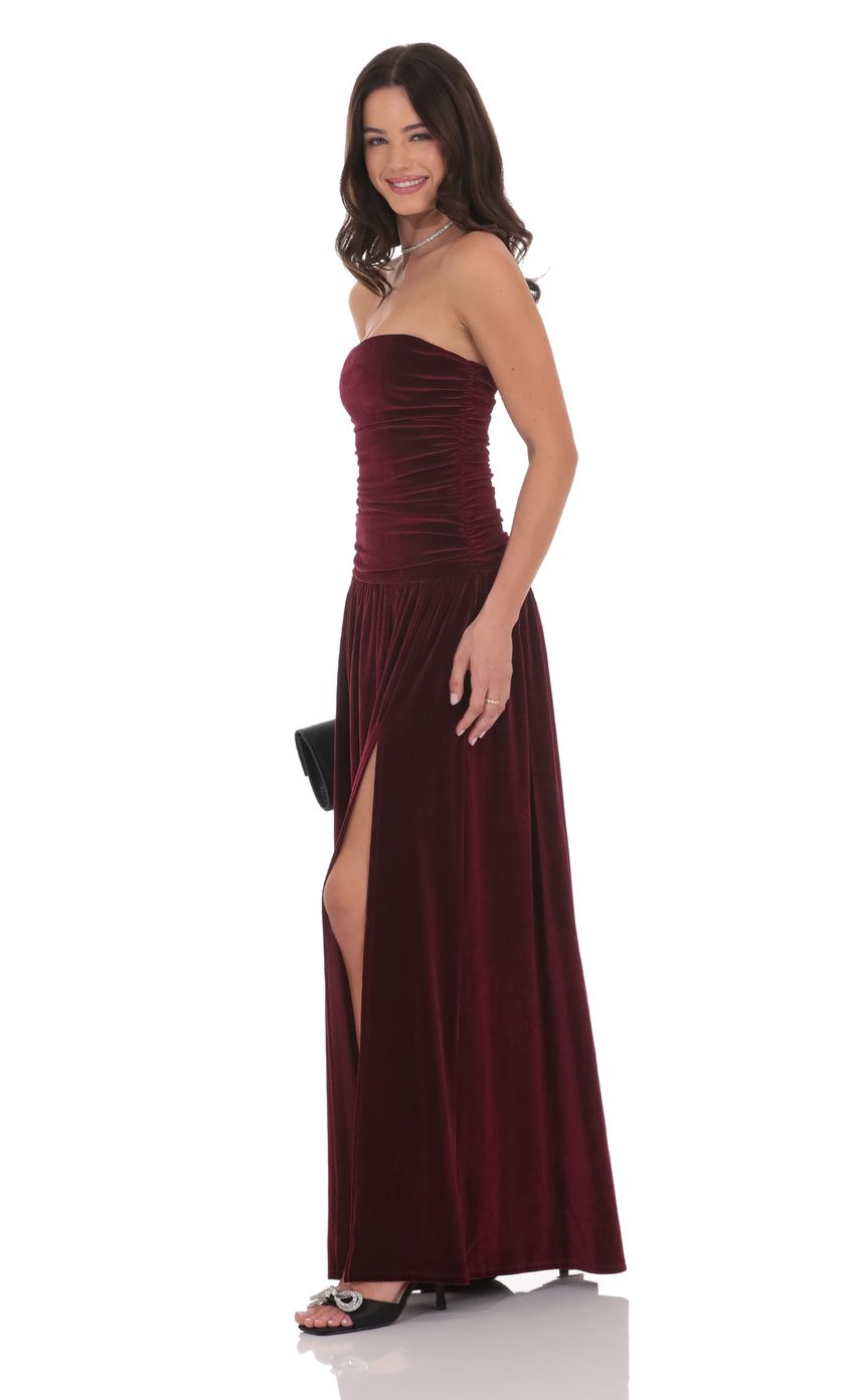 Lucy In The Sky Velvet Ruched Drop Waist Maxi Dress in Wine