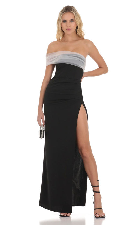 Lucy In The Sky Off Shoulder Tulle Sleeve Maxi Dress in Black