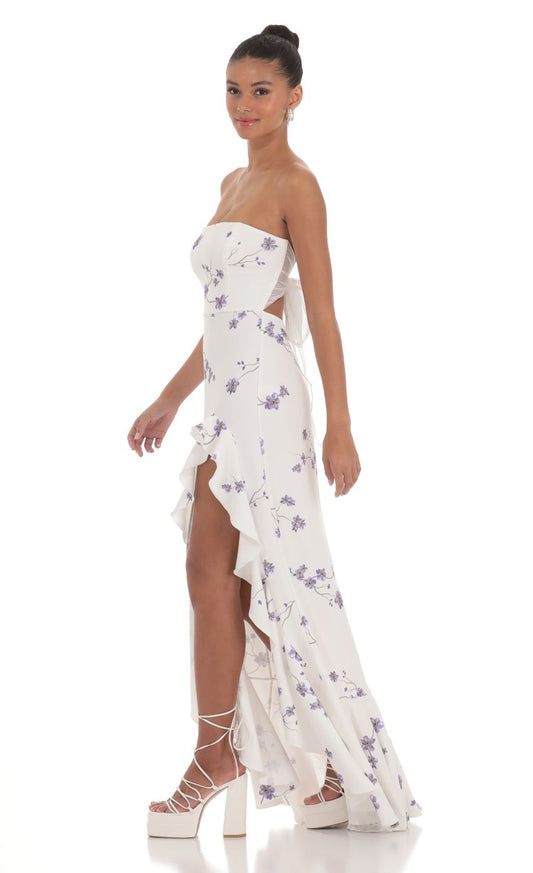 Lucy In The Sky Floral Strapless Back Bow Corset Maxi Dress in White