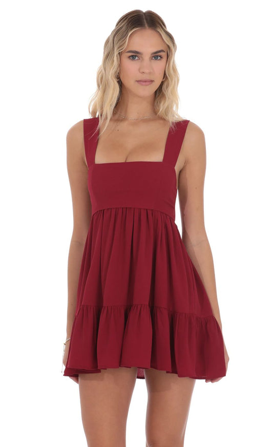 Lucy In The Sky Square Neckline Babydoll Dress in Red