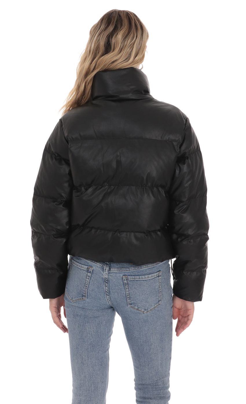 Lucy In The Sky Faux Leather Puffer Jacket in Black