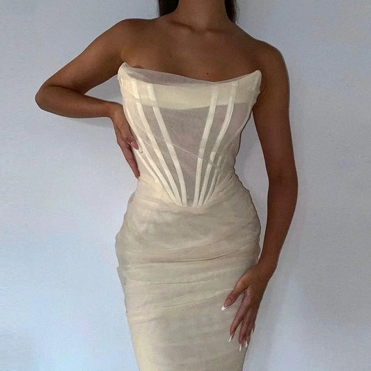 Mermaid Way All Your Attention Ivory Strapless Corset Midi Dress