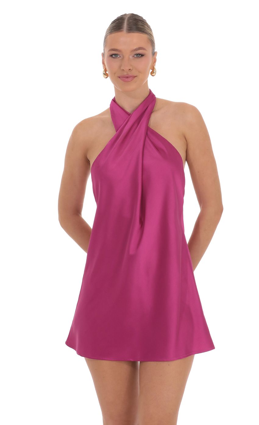 Lucy In The Sky Satin Cross Halter Dress in Magenta