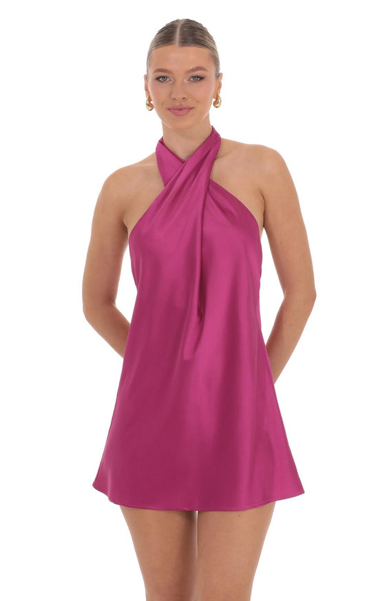 Lucy In The Sky Satin Cross Halter Dress in Magenta