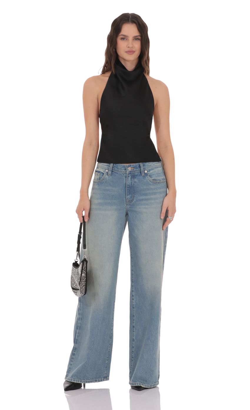 Lucy In The Sky Satin Open Back Top in Black