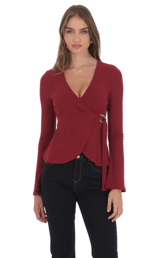 Lucy In The Sky Embellished Wrap Top in Maroon