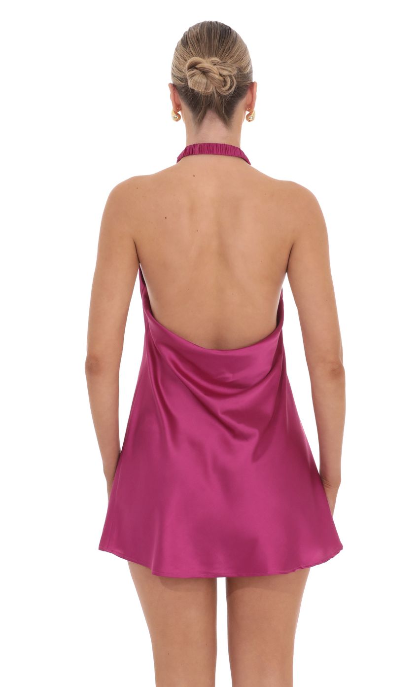 Lucy In The Sky Satin Cross Halter Dress in Magenta