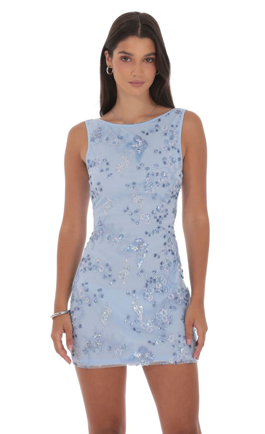 Lucy In The Sky High Neck Floral Bodycon Dress in Light Blue