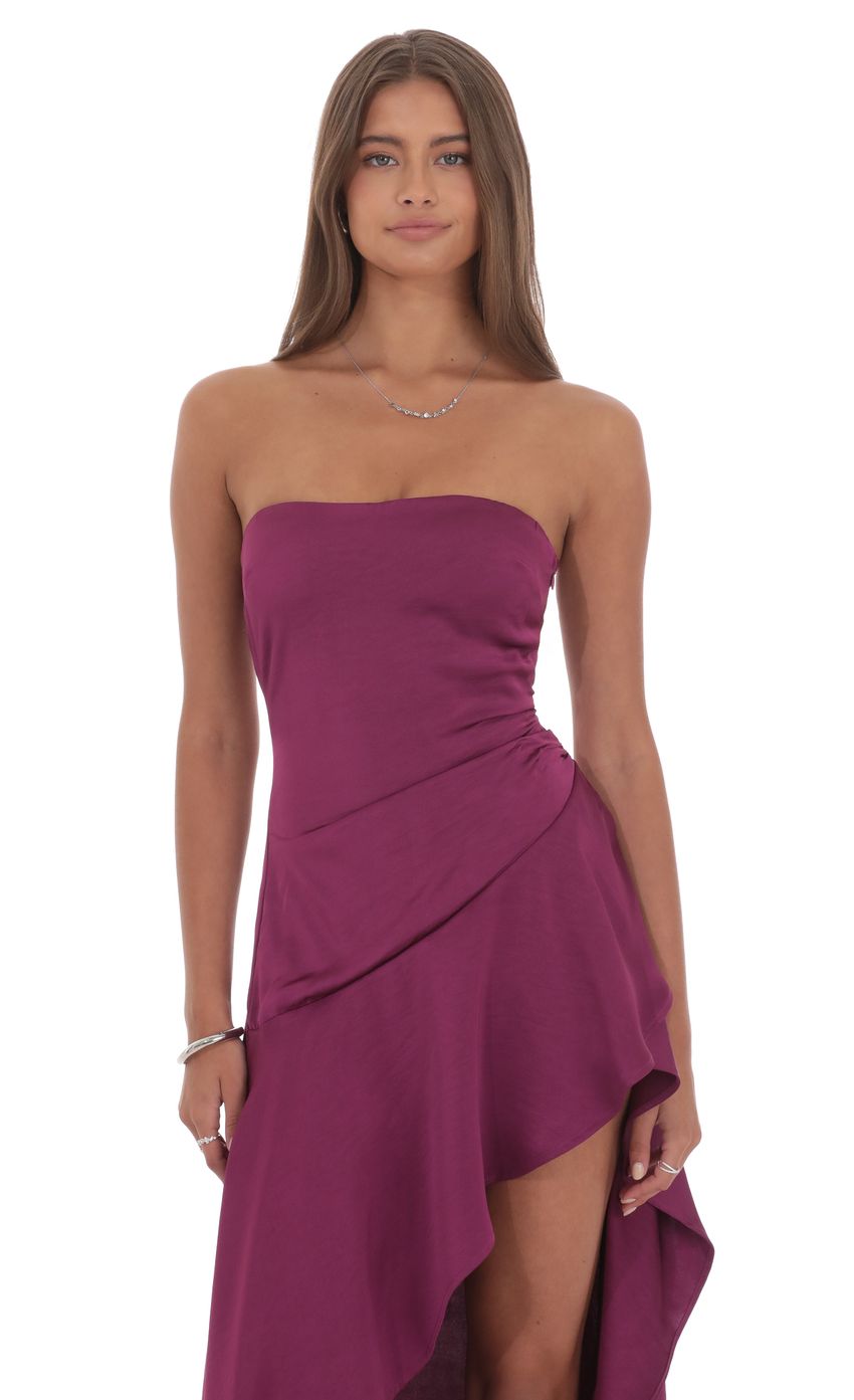 Lucy In The Sky Satin High Low Maxi Dress in Plum