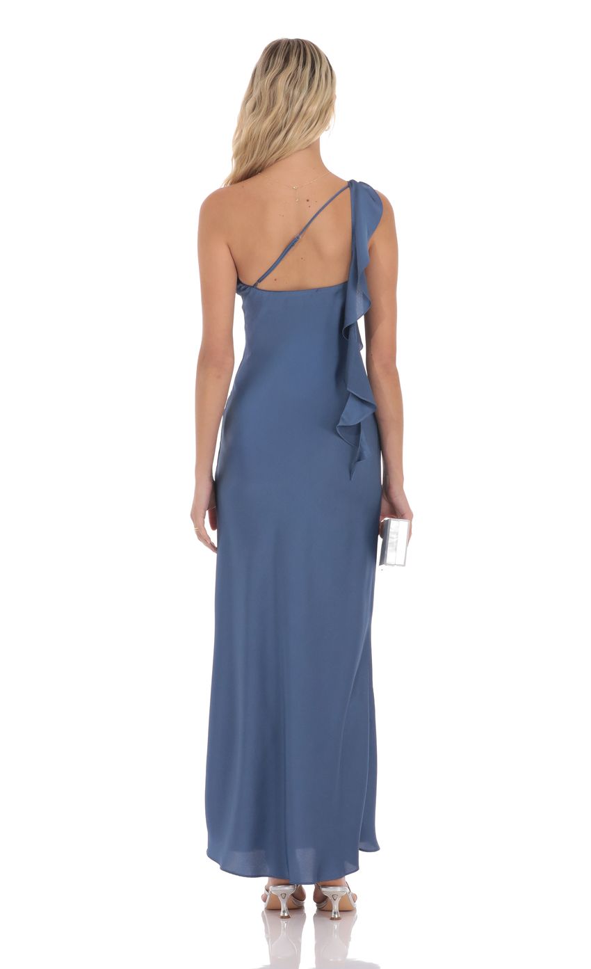 Lucy In The Sky Satin One Shoulder Tassel Maxi Dress in Denim Blue
