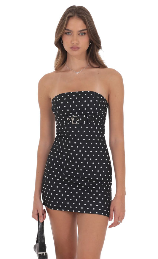 Lucy In The Sky Polka Dot Belted Bodycon Dress in Black