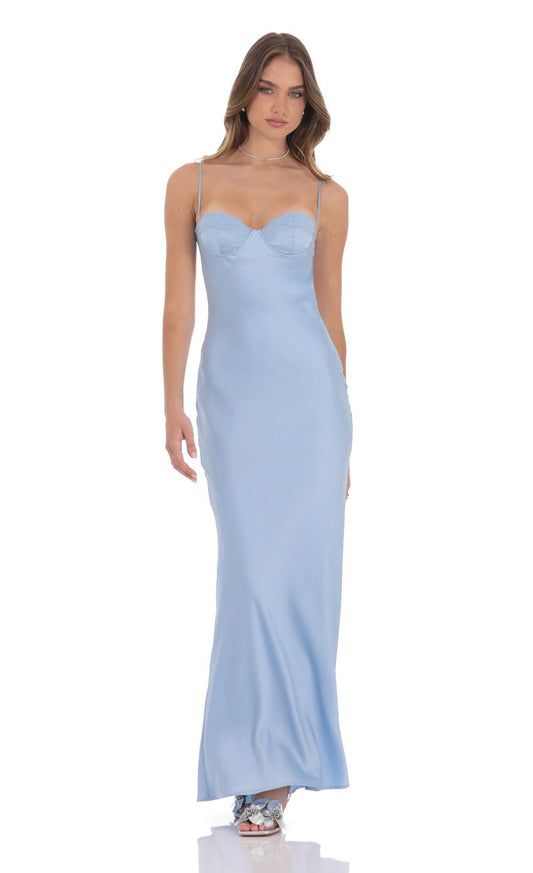 Lucy In The Sky Open Back Satin Maxi Dress in Light Blue