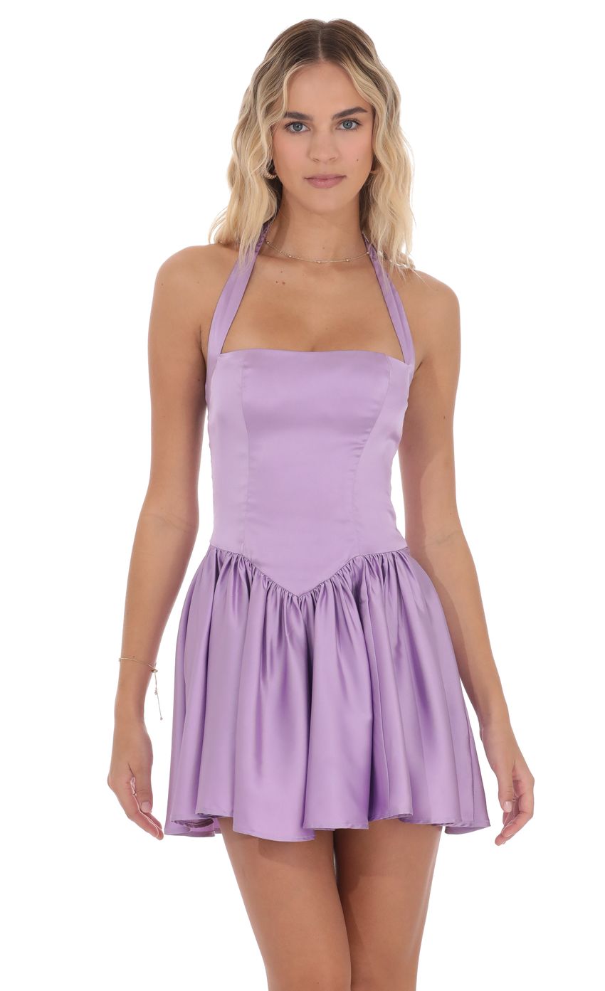 Lucy In The Sky Satin Halter A-line Dress in Lilac