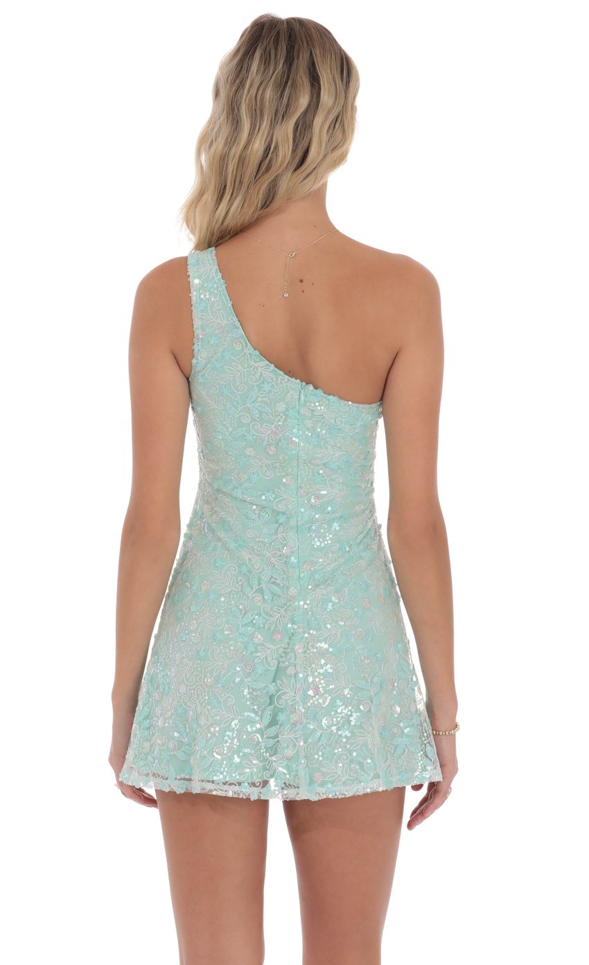 Lucy In The Sky Sequin Floral One Shoulder Dress in Seafoam
