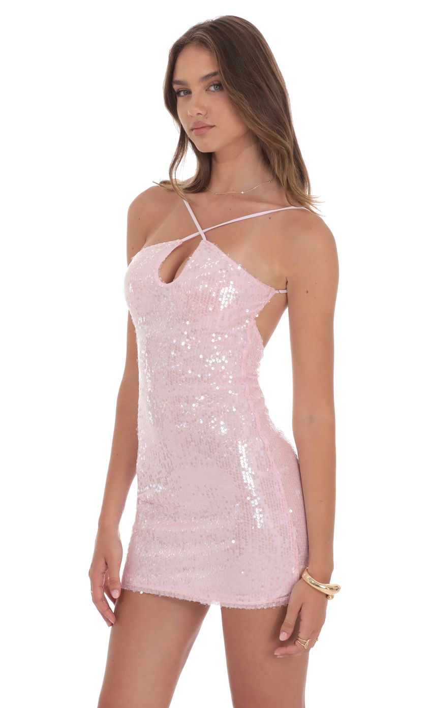 Lucy In The Sky Sequin Keyhole Dress in Pink