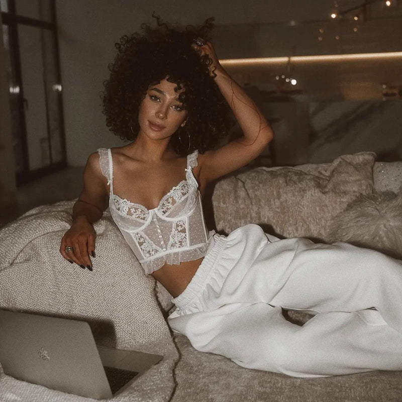 Mermaid Way Dear Emilia Ruffle Trim Lace Cami Top