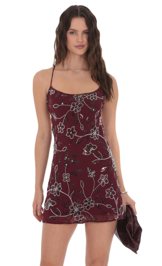 Lucy In The Sky Floral Beaded Sequin Open Back Dress in Burgundy