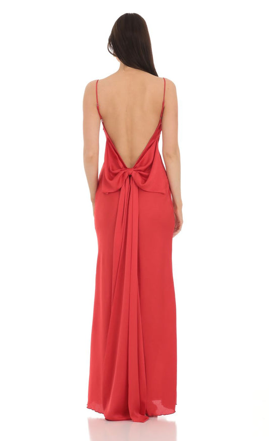 Lucy In The Sky Back Bow Satin Dress in Red