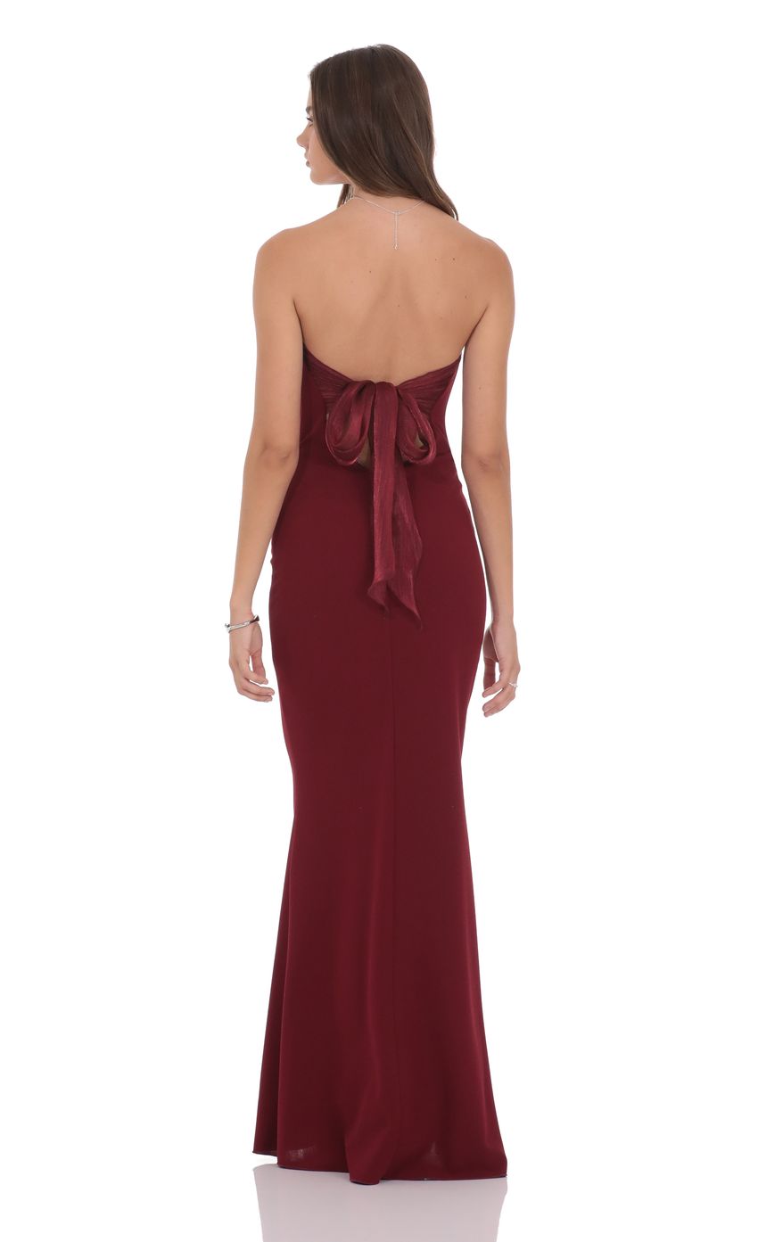 Lucy In The Sky Back Bow Strapless Maxi Dress in Burgundy