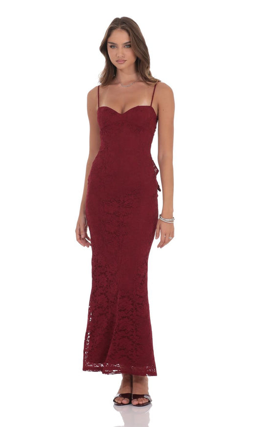 Lucy In The Sky Lace Back Bow Maxi Dress in Burgundy