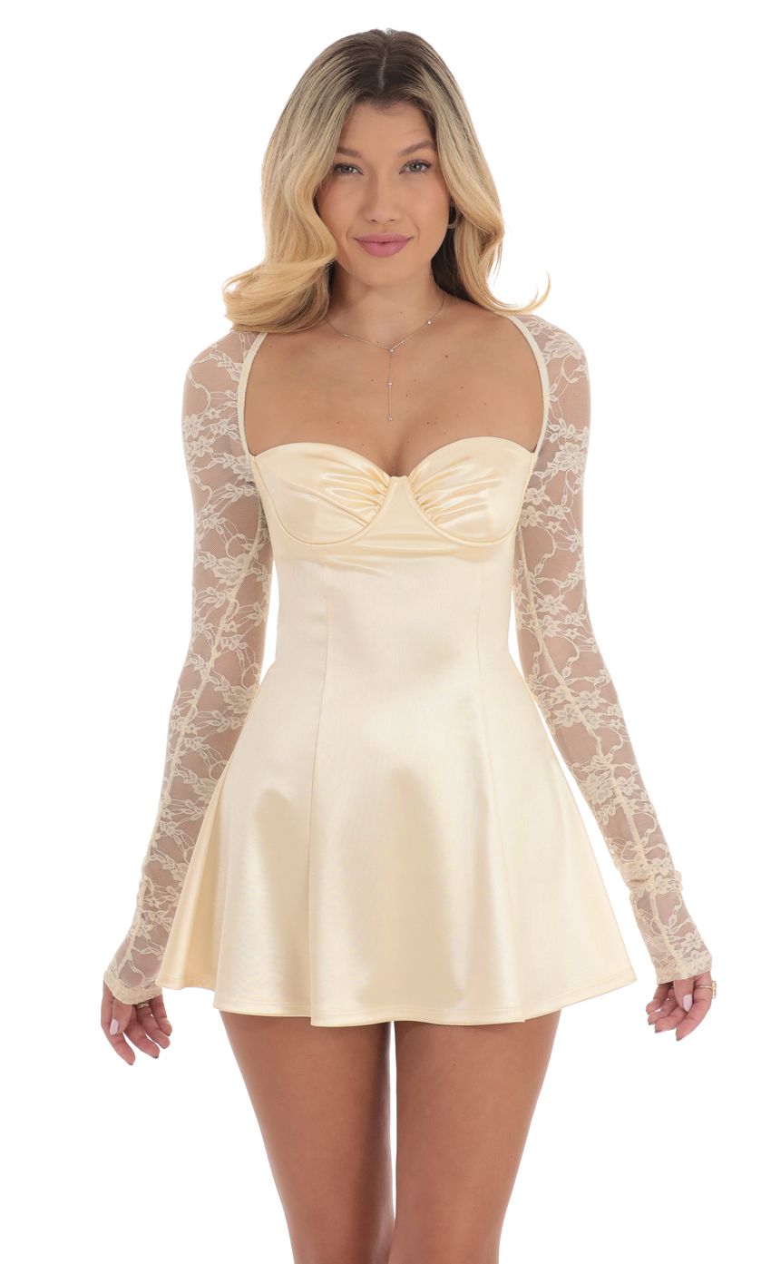 Lucy In The Sky Satin Lace Sleeve Dress in Yellow Cream