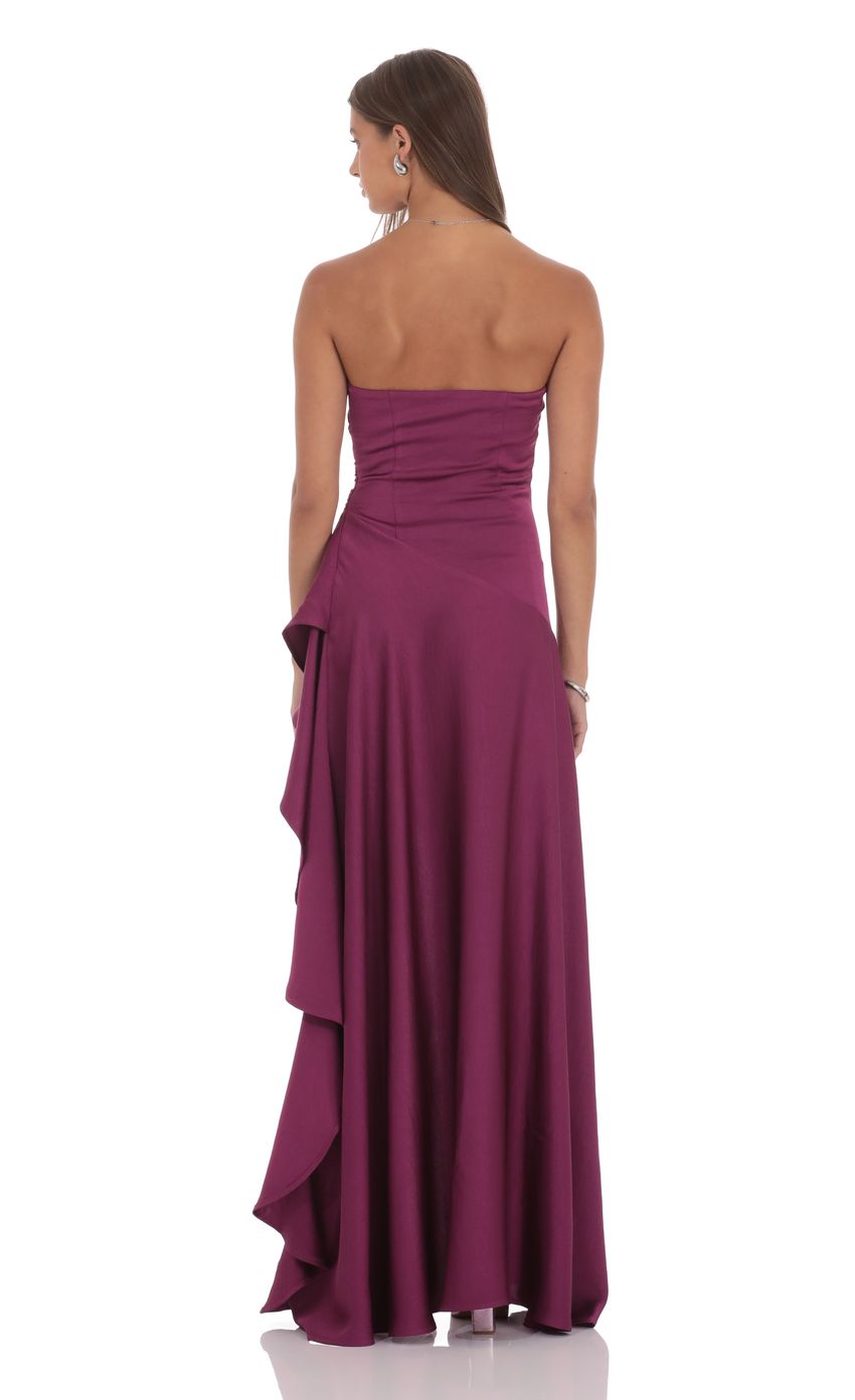 Lucy In The Sky Satin High Low Maxi Dress in Plum