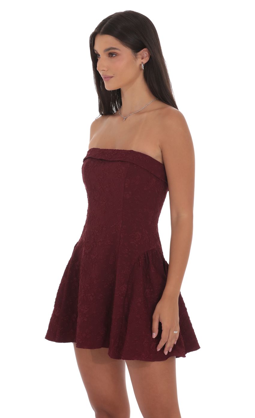 Lucy In The Sky Jacquard Strapless Flare Dress in Burgundy