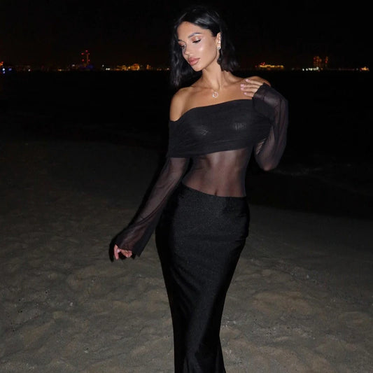 Mermaid Way Elise Mesh Off Shoulder Maxi Dress