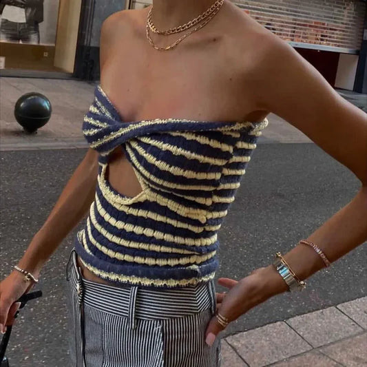 Mermaid Way Euro Striped Dark Blue Striped Twist Knitted Crop Top