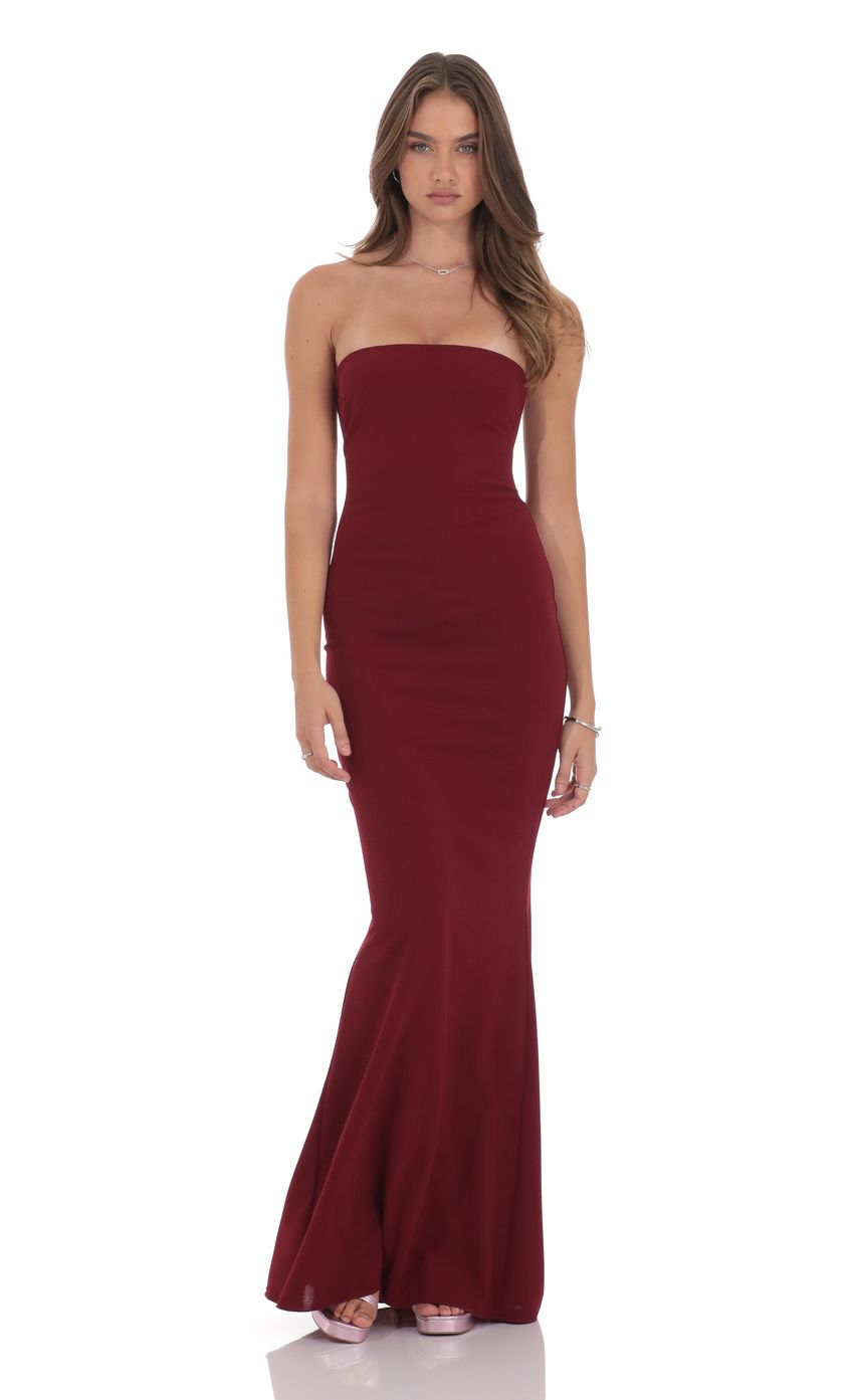 Lucy In The Sky Back Bow Strapless Maxi Dress in Burgundy