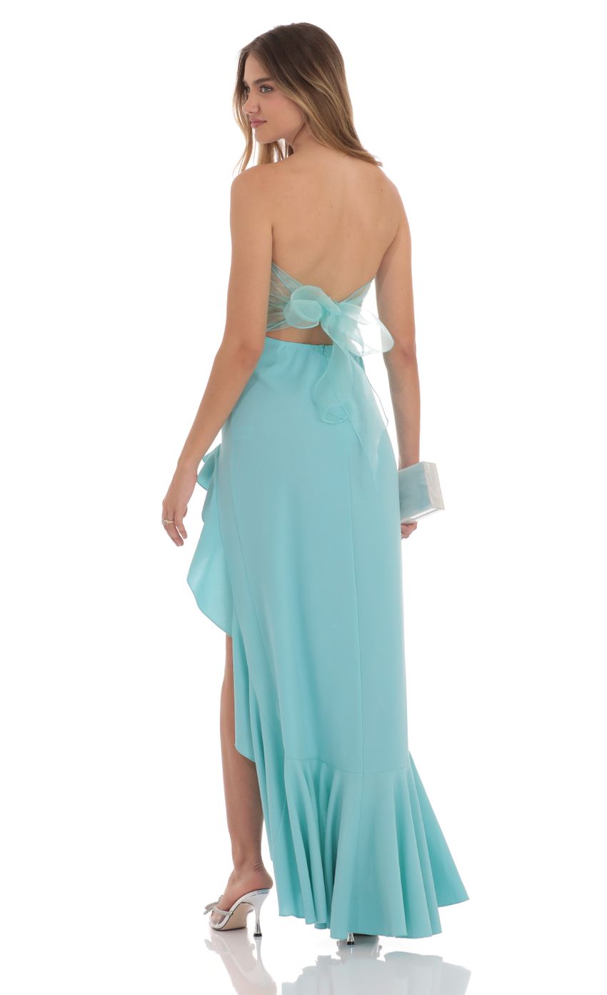 Lucy In The Sky Strapless Back Bow Corset Maxi Dress in Aqua Blue