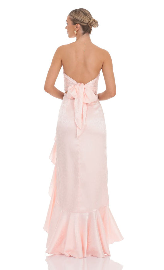 Lucy In The Sky Satin Jacquard Back Bow Corset Maxi Dress in Pink