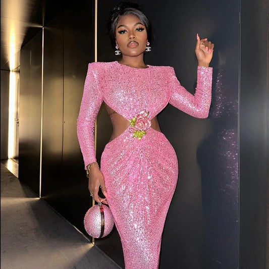 Mermaid Way First Kiss Pink Glitter Sequins Flowered Maxi Dress