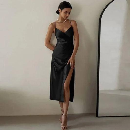 Mermaid Way Lovely Lady Black Satin Midi Dress