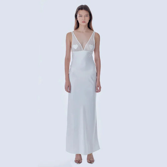 Mermaid Way Malika White Satin Mesh Maxi Dress