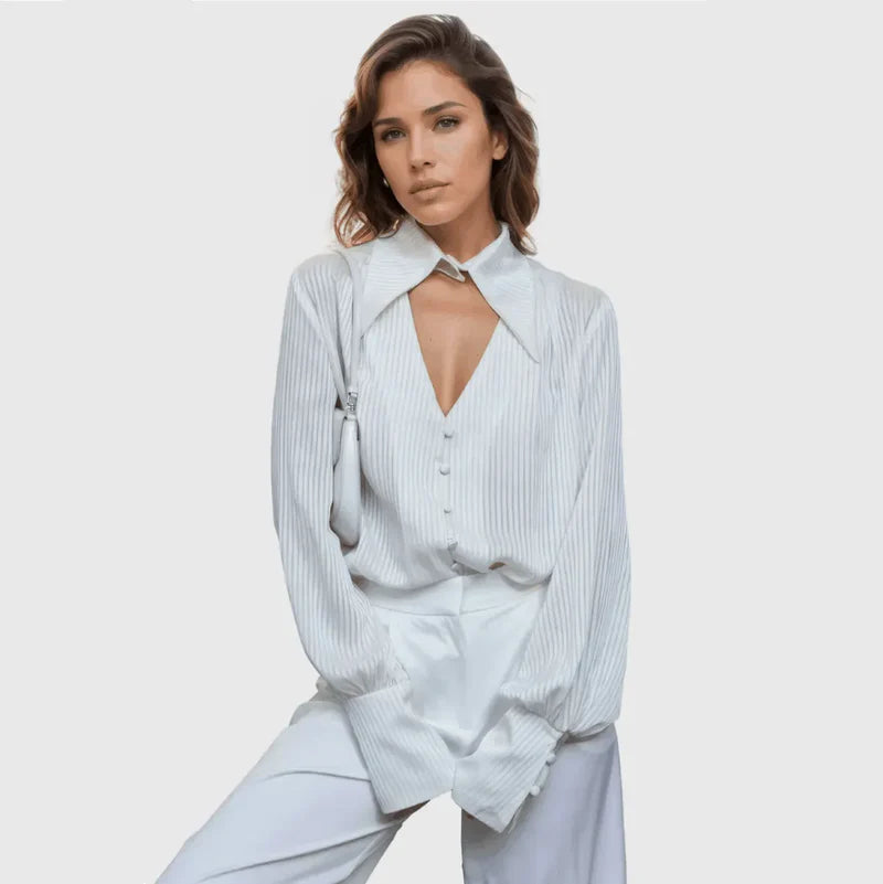 Mermaid Way New Love Striped White Shirt With Collar